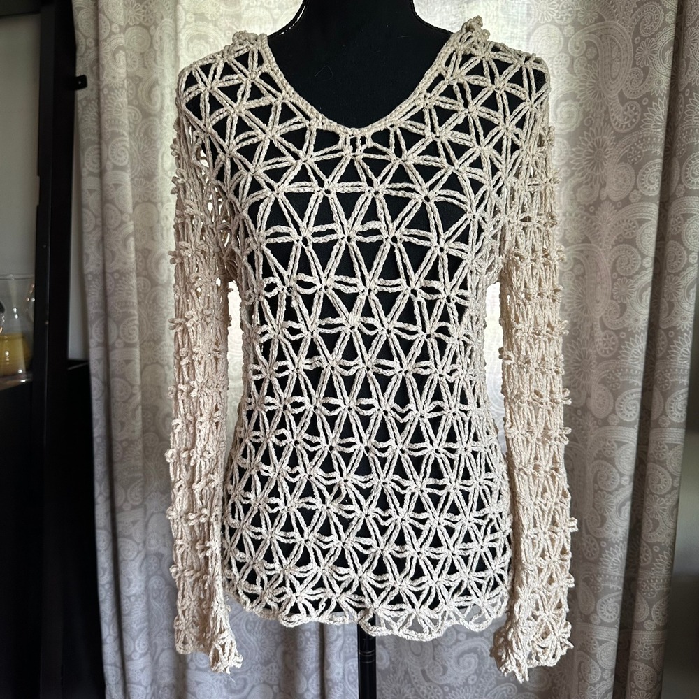 Cream Crochet Knit Hooded Sweater Geometric Starburst Open Weave Boho Festival